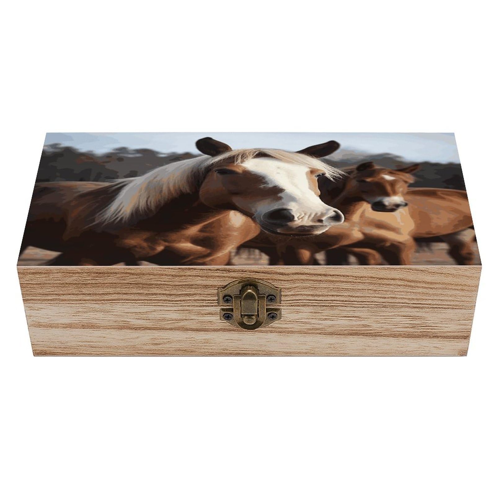 Btcowzrv Style Horses Animals Wooden Storage Box, Keepsake Box With Hinged And Retro Lock, Wood Jewelry Organizer For Photos & Mementos And Home Decor