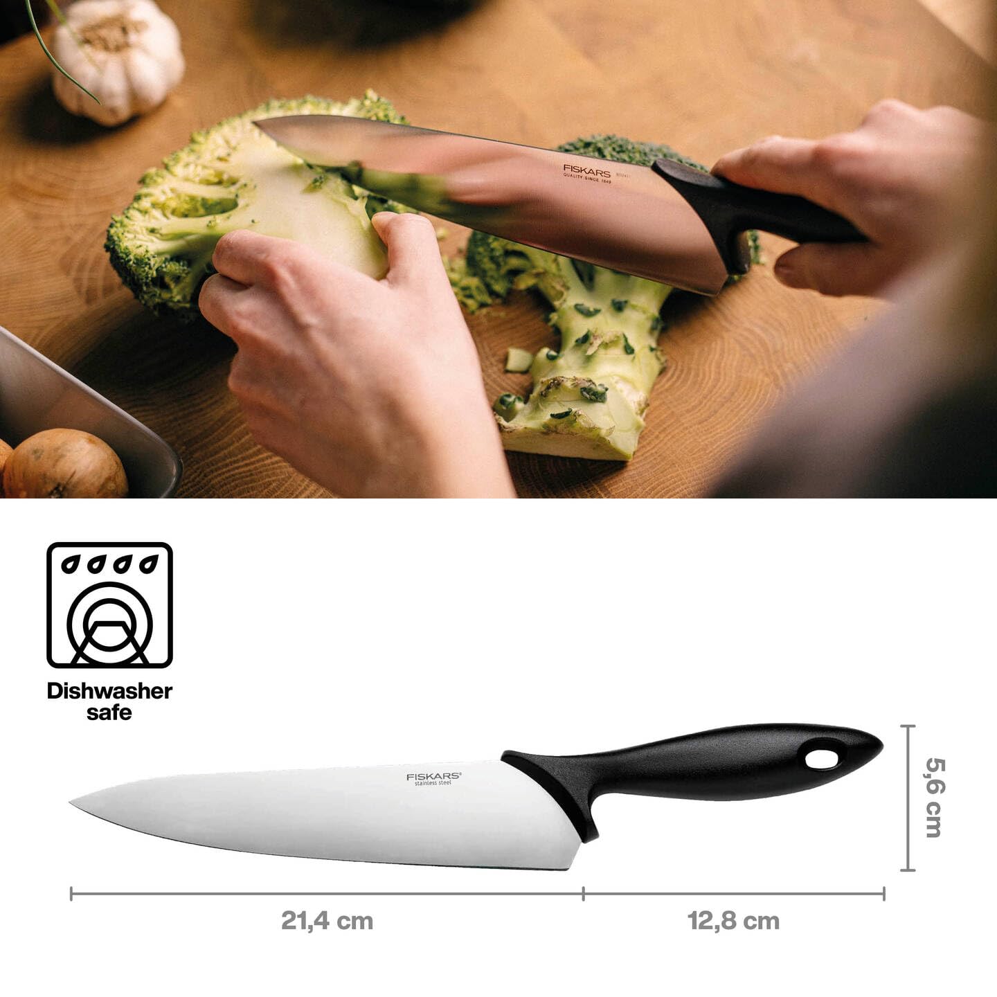 Nóż szefa kuchni Fiskars, Essential, długość ostrza: 21 cm, stal nierdzewna/tworzywo sztuczne PP, czarny, 1065565