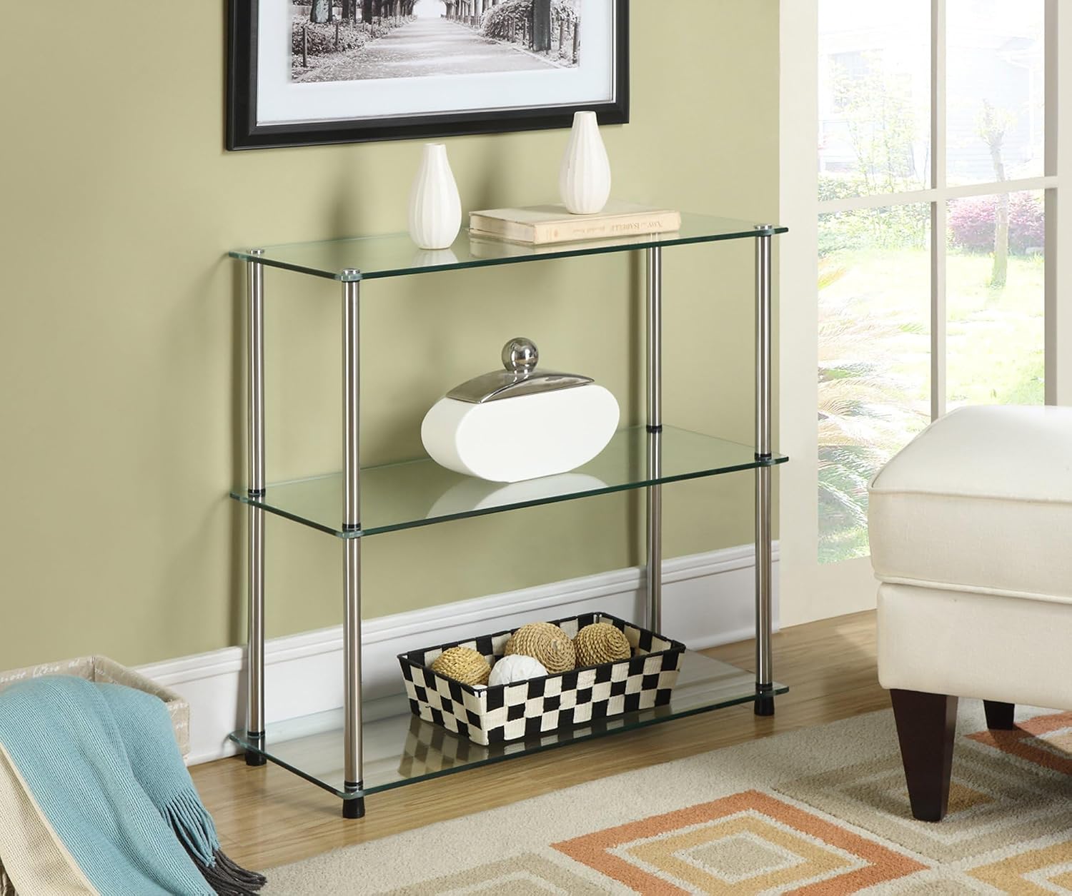 Convenience Concepts Designs2Go Classic Glass 3-Tier Bookshelf 28" - Modern Media Stainless Steel Bookcase for Living Room, Display Storage Shelves for Family Room, Bathroom, Office, Glass/Chrome