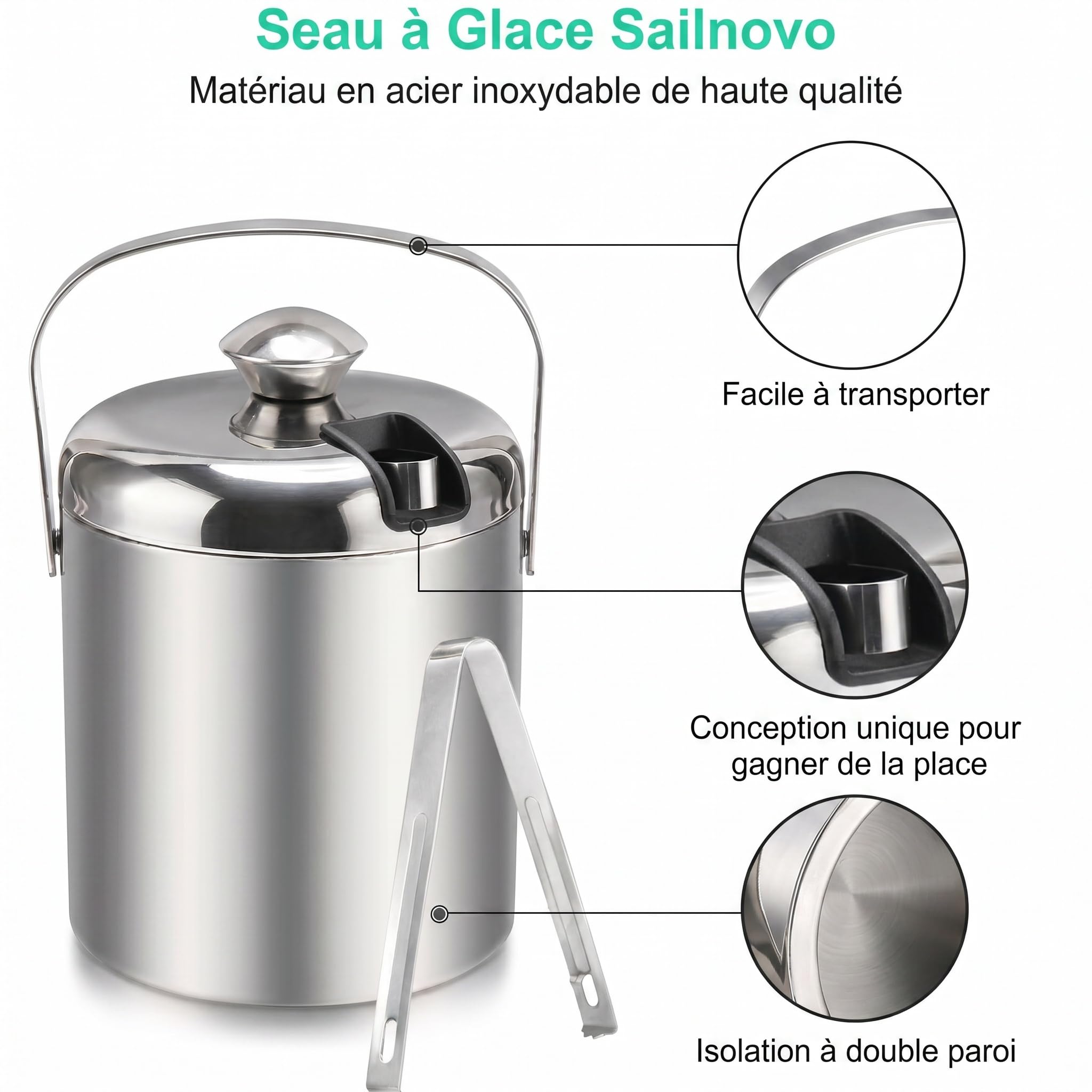 Sailnovo Mini seau à glace 1,2 L – Compact, en acier inoxydable double paroi de qualité supérieure, avec couvercle et pince à glace – Idéal pour cocktails, bar personnel et petites réceptions – Argent