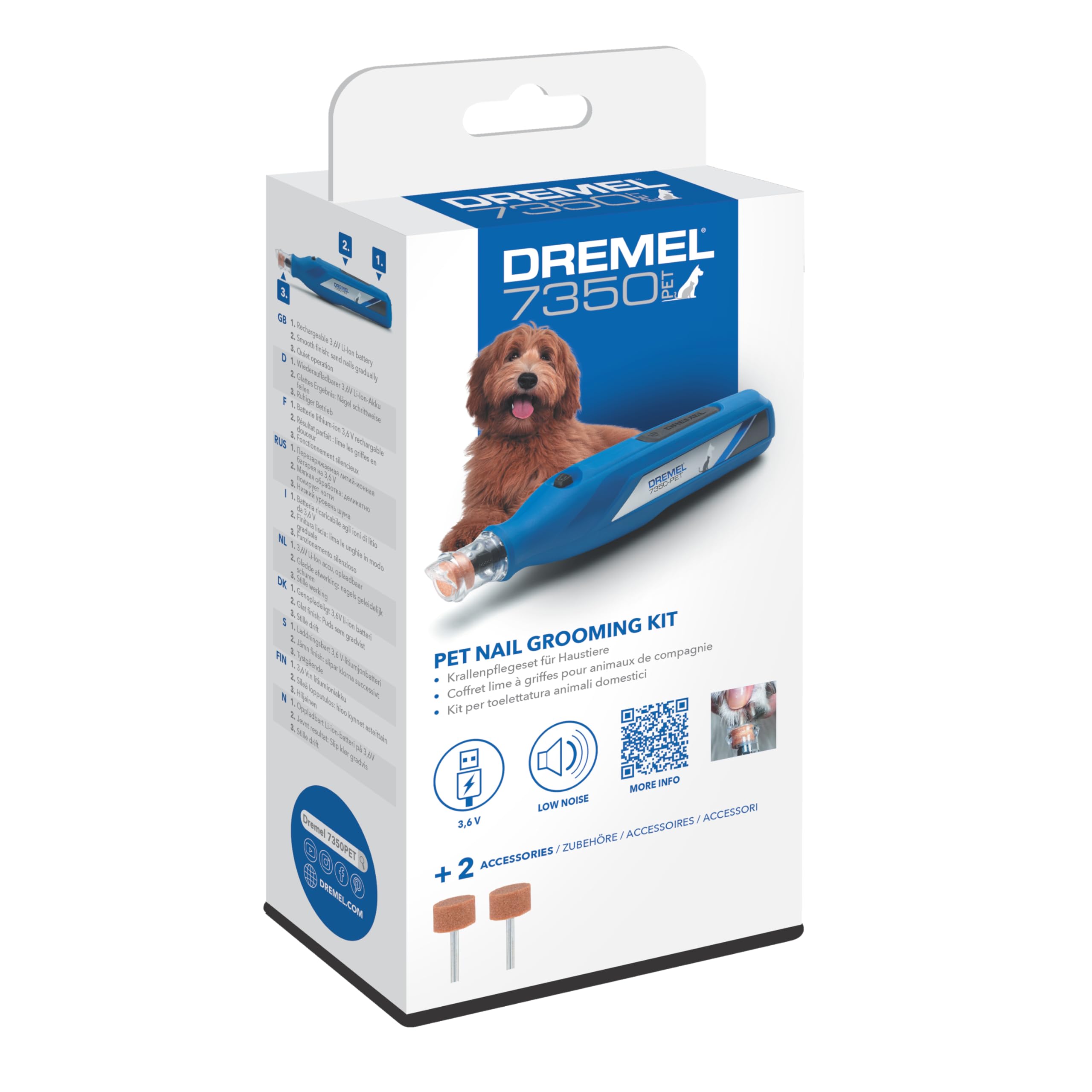 Dremel 7350 PET Krallenpflegese mit 3.6V Akku-Rotationswerkzeug Einfach zu bedienende, leichte Krallenschleifmaschine mit 2 Schleifzubehören, 1 Schutzhaube & 1 USB-Kabel geeignet für Hunde und Katzen