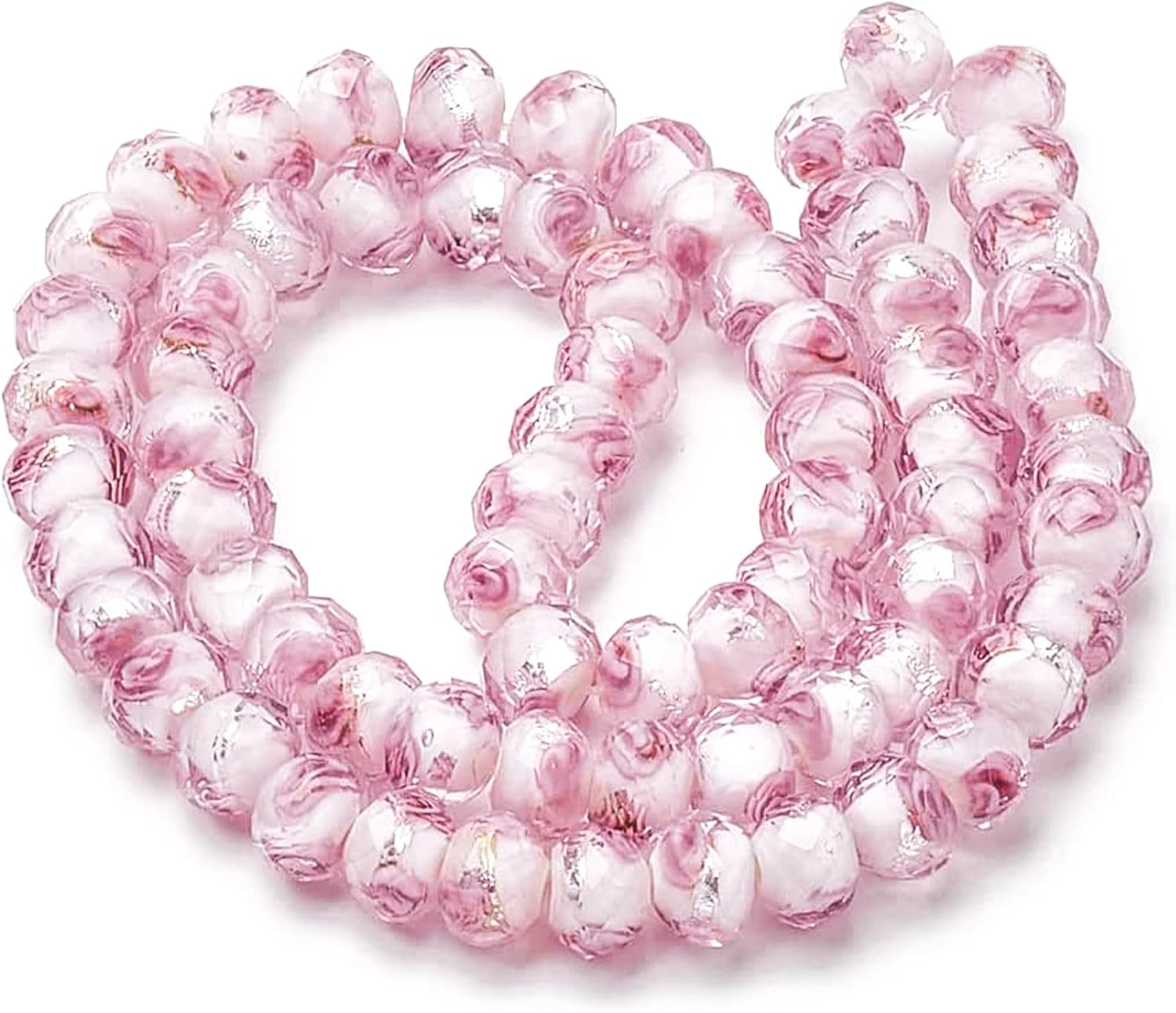 PH PandaHall 70pcs 6~8mm Rose Lampwork Beads Silver Foil Glass Beads Flower Glass Beads Floral Handmade Lampwork Beads Round Loose Beads for Rosary Making Jewelry Craft Making 2mm Hole - Sliver Pink - Image 4