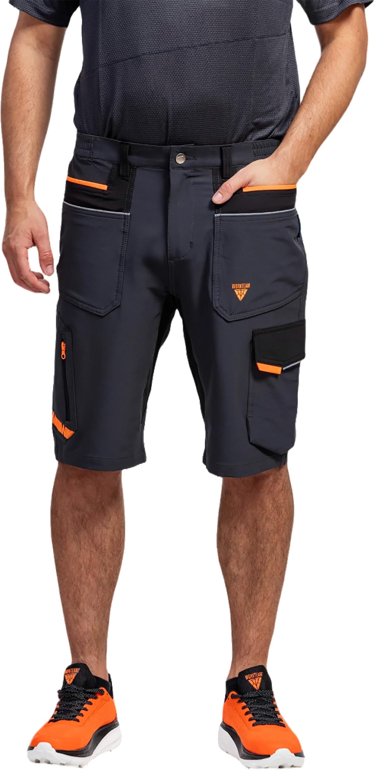 WORKTEAM Pantalón Corto de Trabajo Elástico en 4 Direcciones, Bermuda de Trabajo Elástica, Multibolsillos, Vivos Reflectantes, Cintura Elástica y Alta Resistencia. Hombre