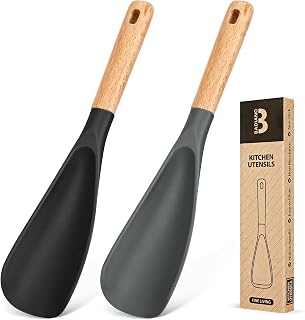 Badiano Silicone Cooking Spoon Set (2-Pack) with Wood Handle - 11.4" Heat-Resistant 446°F Nonstick Safe for Mixing, Scooping, Scraping Black & Grey