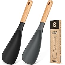 Cooking Spoon for Nonstick Cookwares, Great for Cooking and Serving Sturdy BPA-Free Matte Silicone, Wood Handle Spoon for Mixing, Scoop, and Scrape (Black &amp; Grey, 11.4 inch)