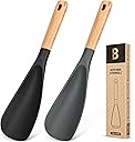 Cooking Spoon for Nonstick Cookwares, Great for Cooking and Serving Sturdy BPA-Free Matte Silicone, Wood Handle Spoon for Mixing, Scoop, and Scrape (Black & Grey, 11.4 inch)