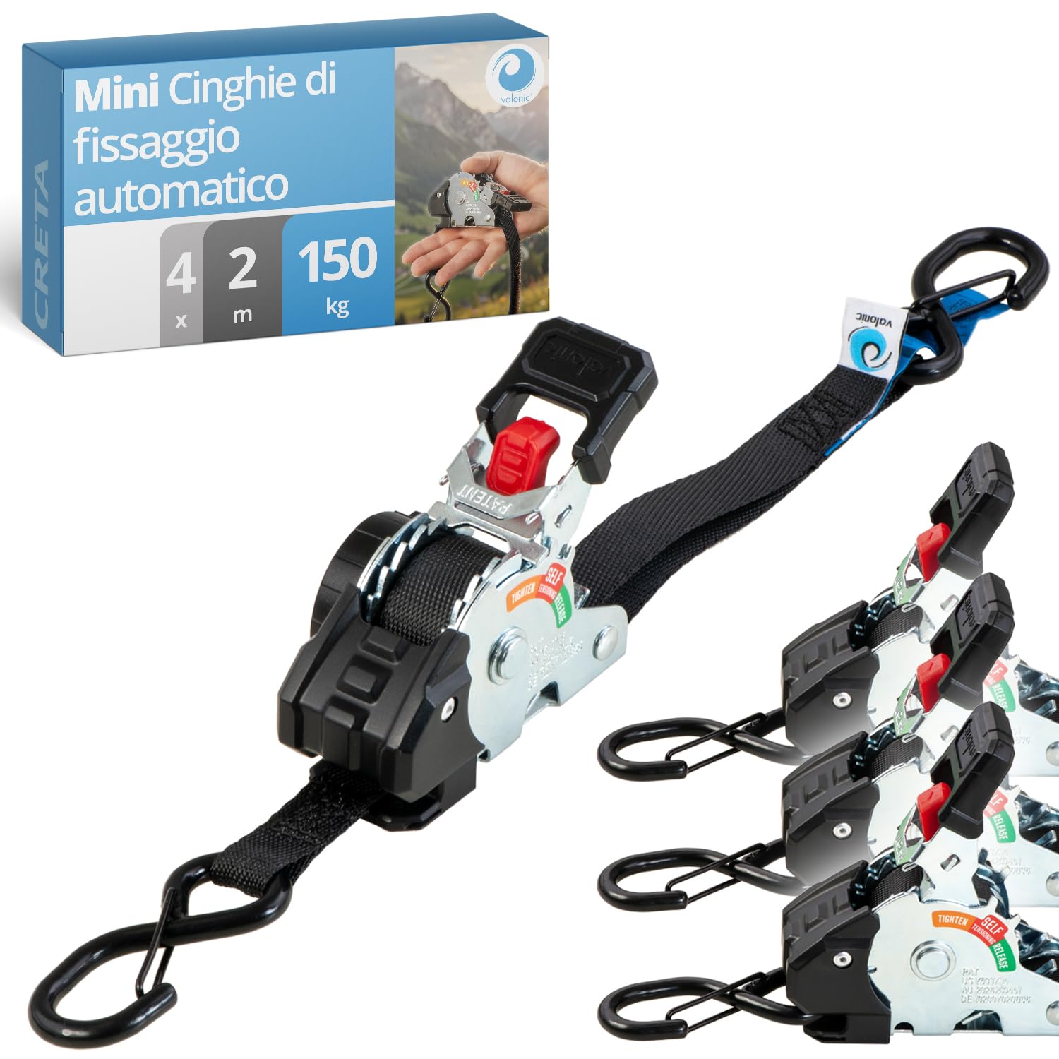 valonic CRETA 2 m, mini cinghie a cricchetto, per auto e rimorchio, set da 4, 150 kg forza di ancoraggio, 19 mm, per uso quotidiano e trasporto