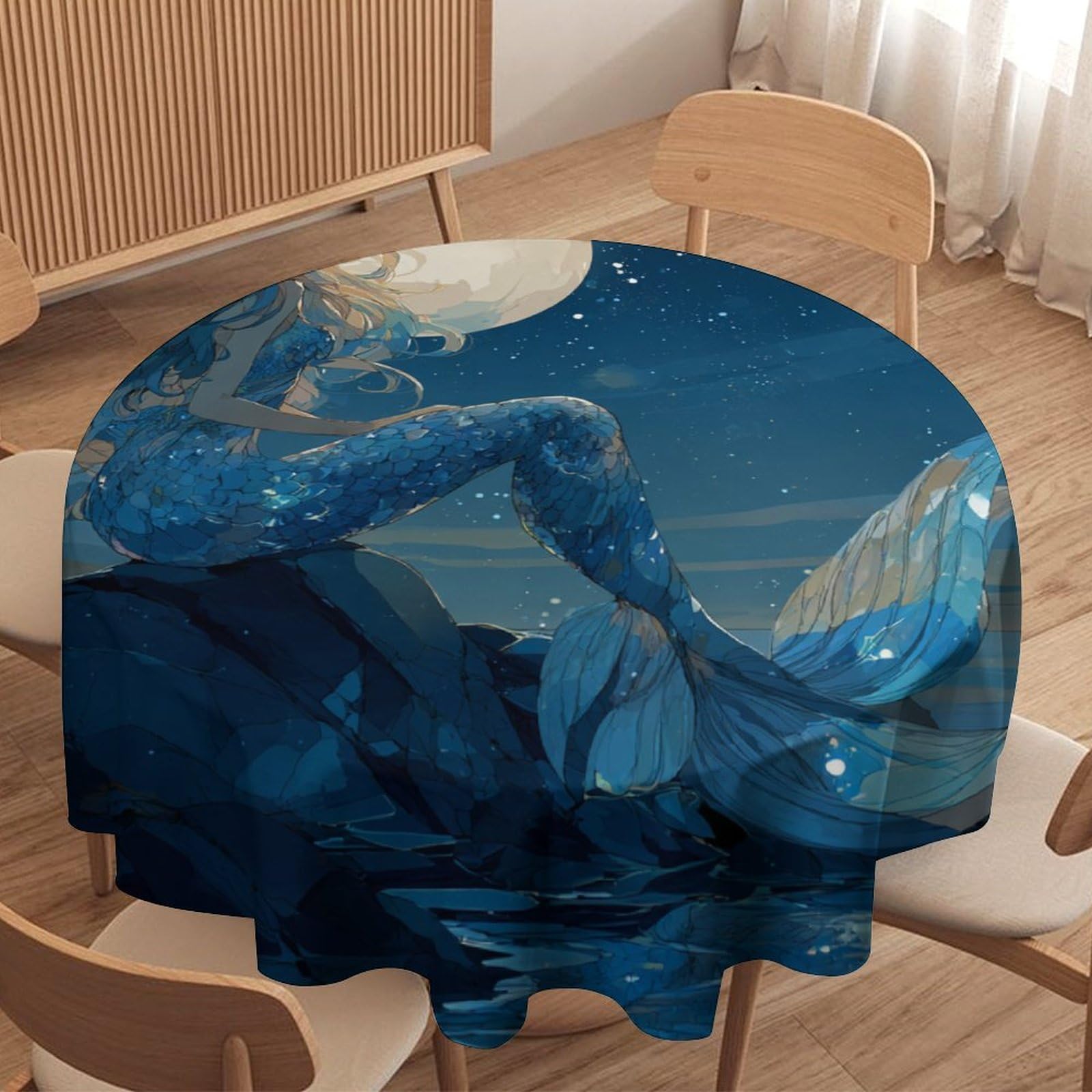 LUYYSKY Vintage Fantasy Beautiful Mermaid Waterproof Round Tablecloth Fantasy Abstract Nautical Full Moon Beach Pattern Washable Table Cover for Kitchen-177.8" Wx177.8 L cm