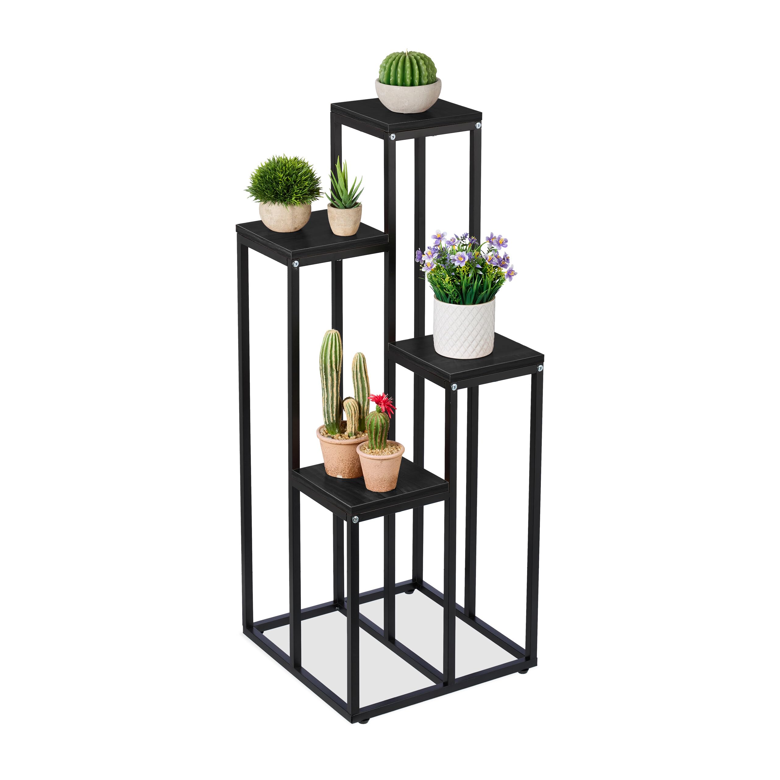 Relaxdays Blumentreppe, 4 Ablagen, HxBxT: 100 x 40 x 40 cm, platzsparend, Stahl und MDF, Design Blumenetagere, schwarz