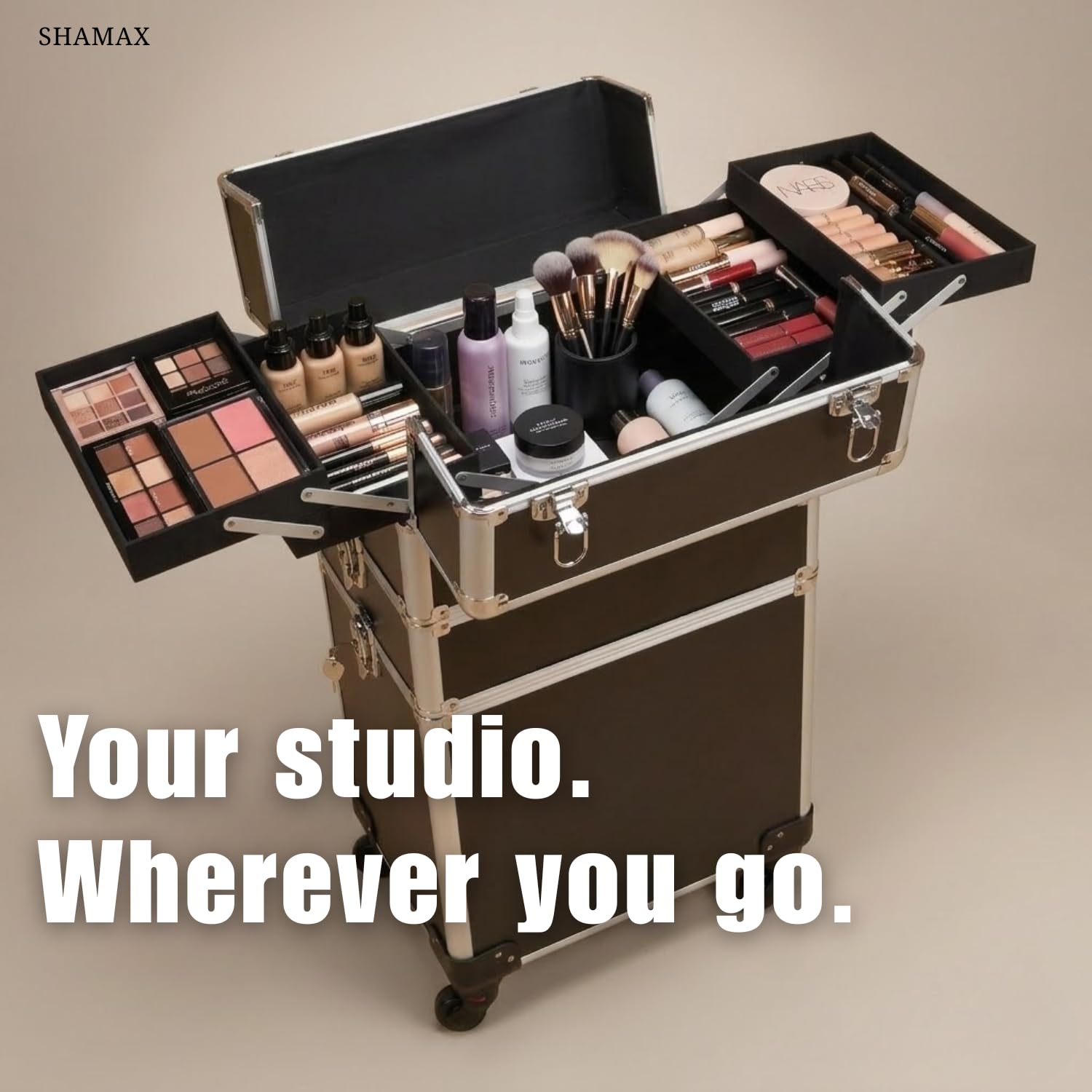 SHAMAX Professional Vanity Trolley for MUA's, Salons with 4 Wheels (Train Case) 1