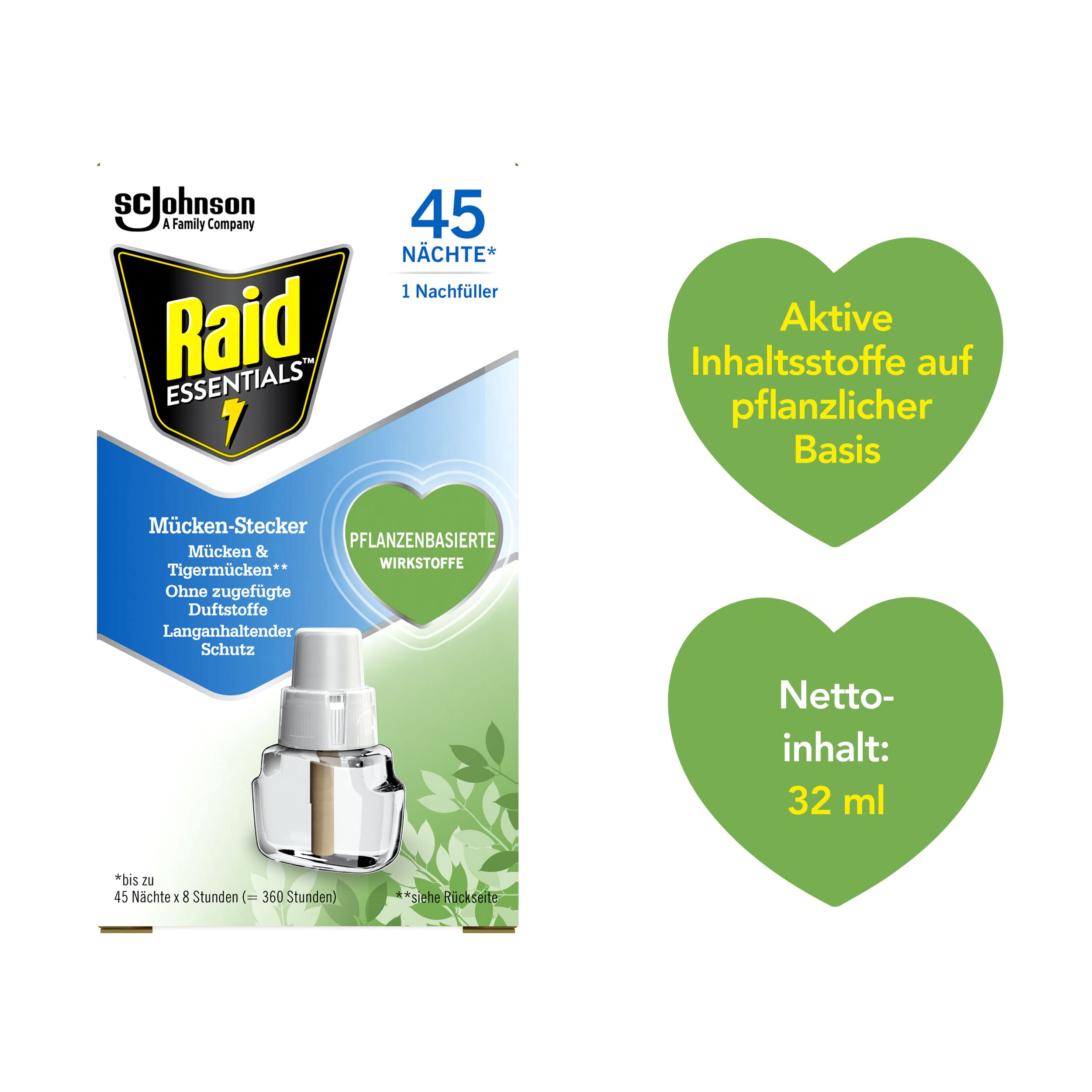 Raid Essentials wtyczka na komary 45 nocy, elektryczna ochrona przed komarami i komarami tygrysimi, 1 opakowanie (1 x 32 ml), tabletka