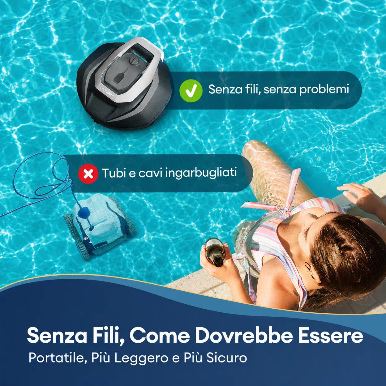 Robot Piscina Pooleco 10s, Robot Pulitore per Piscina Senza Fili 90min, Controllo Via Applicazione e a Distanza, Auto-Parking, per Tutte Le Superfici di Piscine Fuori Terra e Interrate Fino a 80㎡