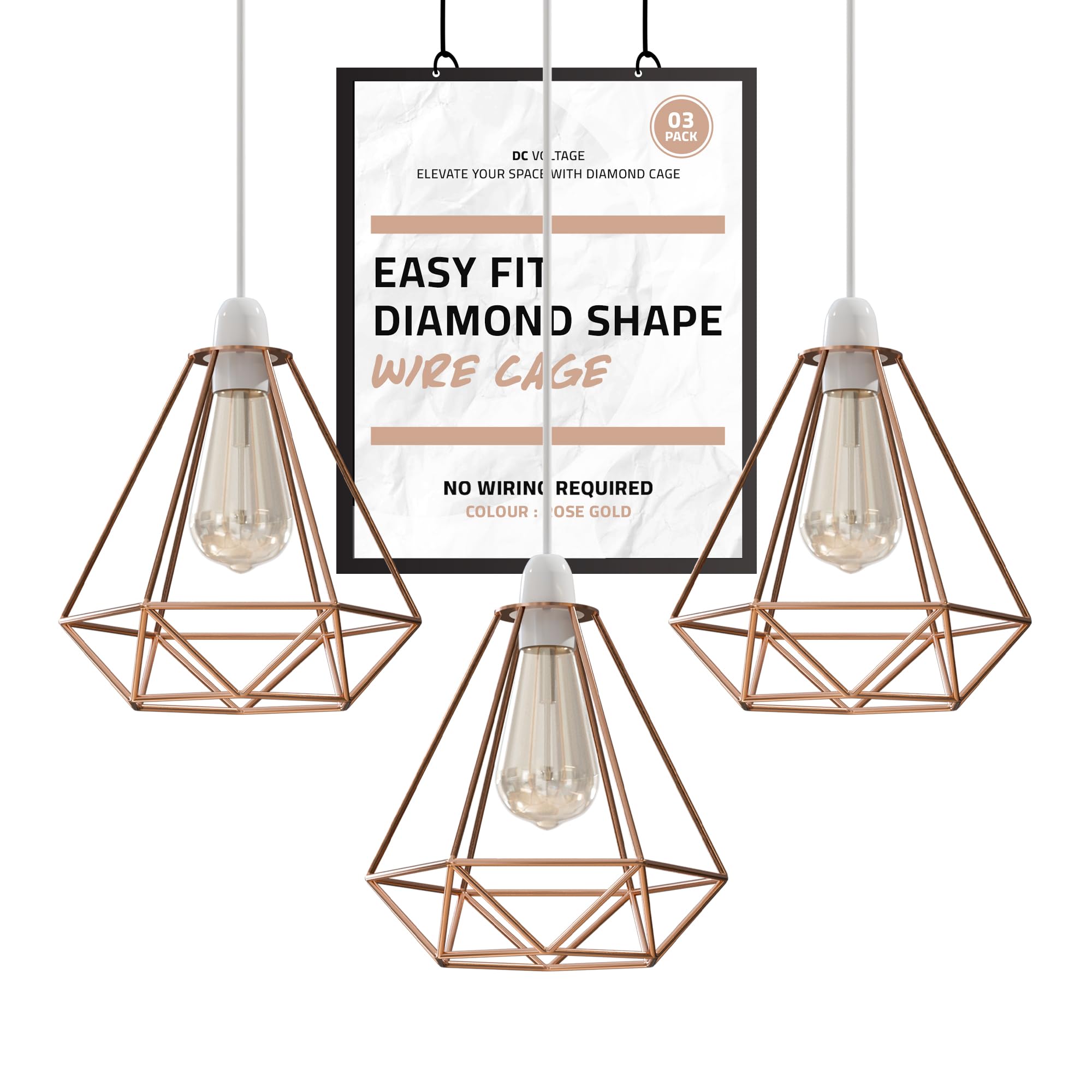 3 Pack DC Voltage Wire Basket Pendant Lampshade Metal Ceiling Light Shade Industrial Indoor E27 Fitting for Dining Room Bedroom Kitchen Hallway Loft