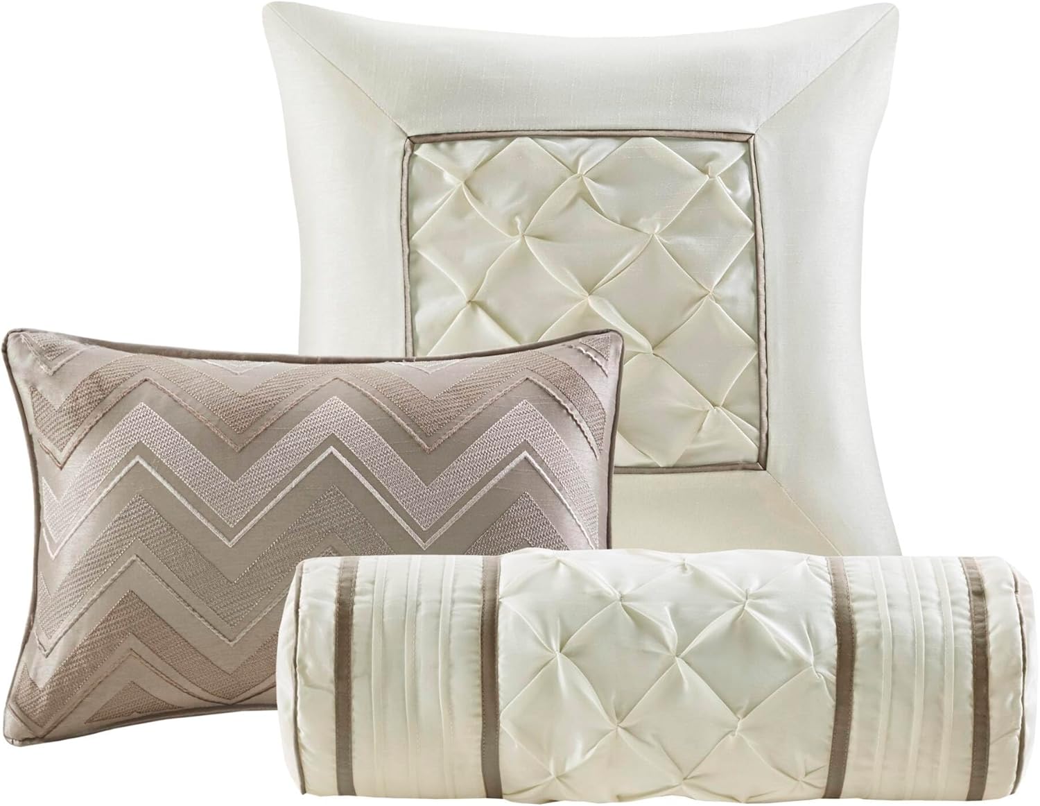Madison Park Laurel Cozy Comforter Set - Traditional Tufted Faux Silk Design, All Season Down Alternative Bedding with Matching Shams, Decorative Pillow, Taupe Queen(90"x90") 7 Piece