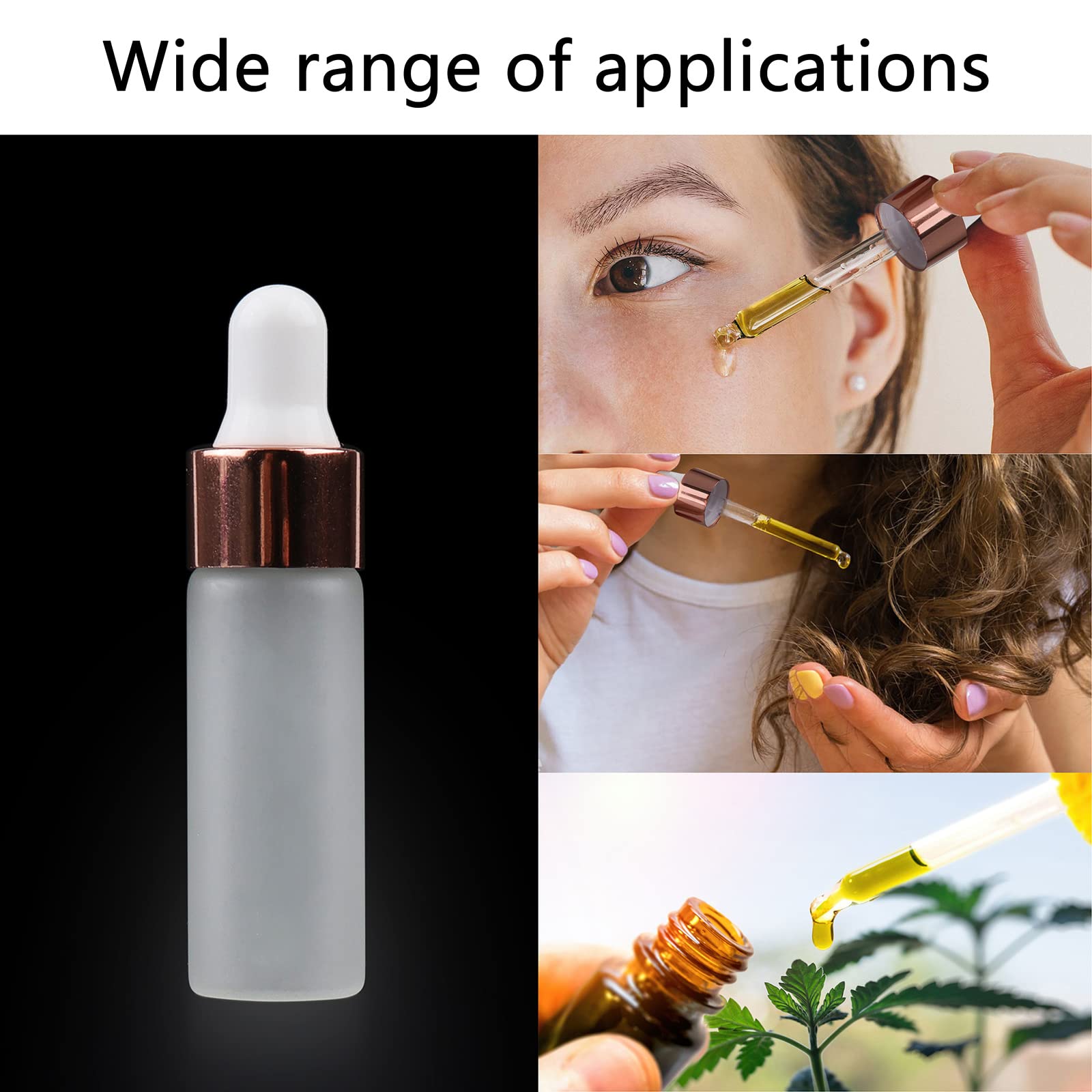 Kesell Lot de 50 flacons compte-gouttes en verre dépoli rechargeables de 5 ml pour huiles essentielles, parfum, essence, lotion, soins de la peau avec 3 entonnoirs, bouchon or rose