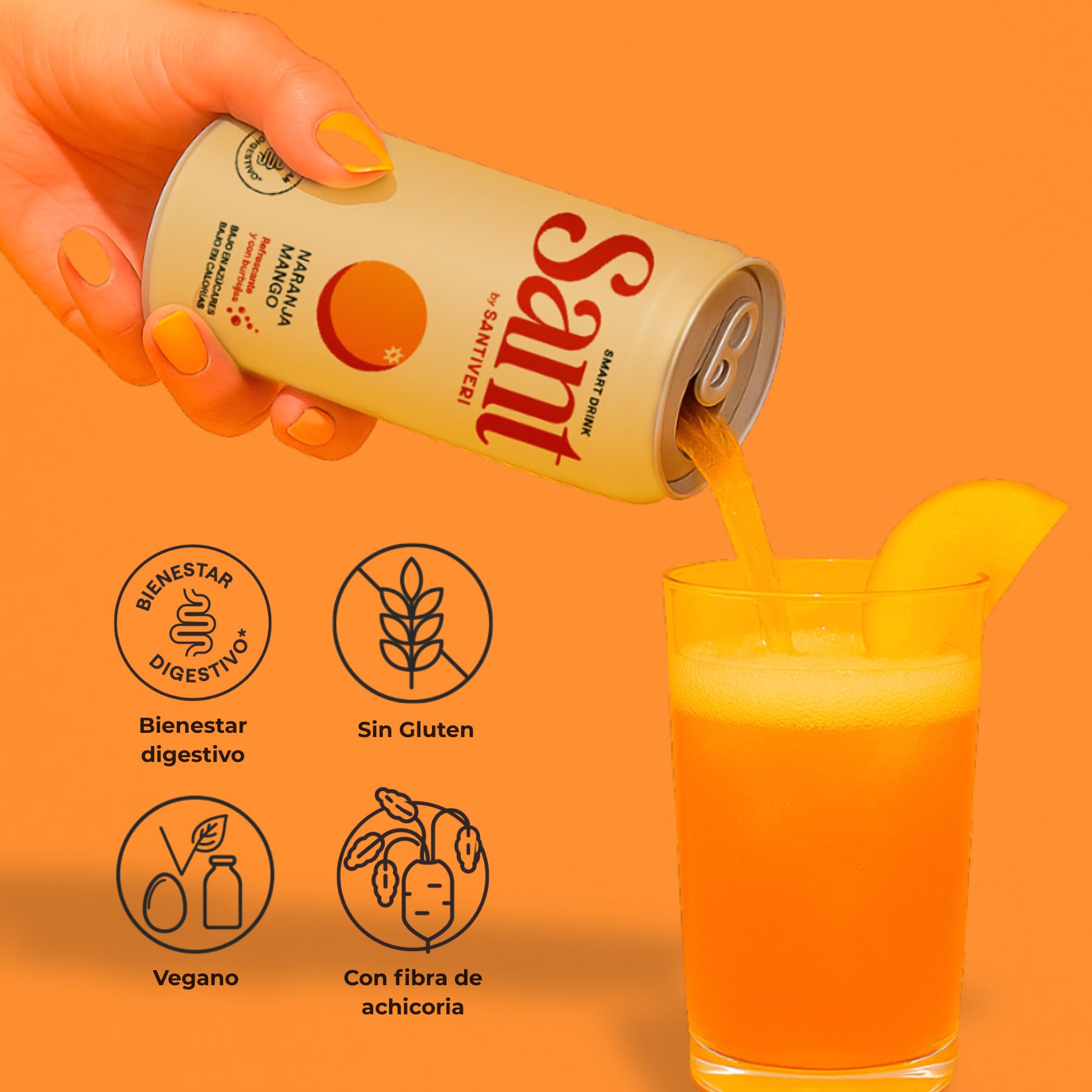 Santiveri - SANT Smart Drink, Bebida con Zumo Natural de Frutas y Fibra Prebiótica, Bajo en Calorías, Sin Azúcares, Ni Edulcorantes Artificiales - 12 Latas x 330 ml (Pack de 12, Naranja-Mango)