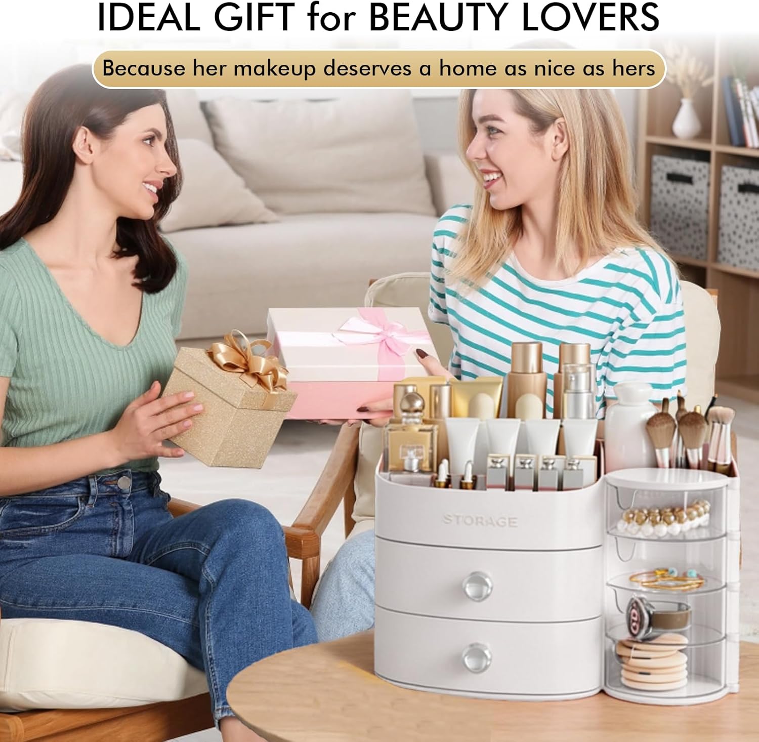 Makeup Organizer Countertop with Drawers, Make up Organizers for Vanity, Skincare Jewelry Earring Organizers, Cosmetic Display Cases Makeup Storage for Bedroom & Bathroom, Ideal Gifts for Women(White)