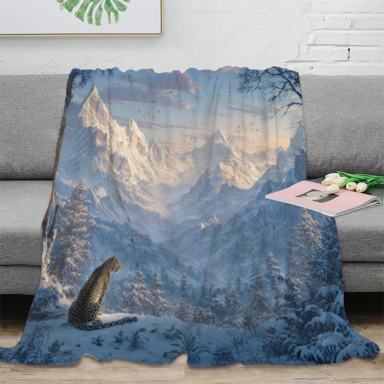 Leopardoo in The Snow Looking at The Mountains Manta Estampada 3D Colcha De Diseño Ropa De Cama De Microfibra Suave Y Cálida Sofá Ropa De Cama 80x90inch(200x230cm)