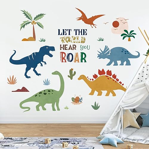 decalmile Calcomanías de pared de dinosaurio bohemio con palmeras de dinosaurio, calcomanías de pared para habitación de bebé, niños, dormitorio,