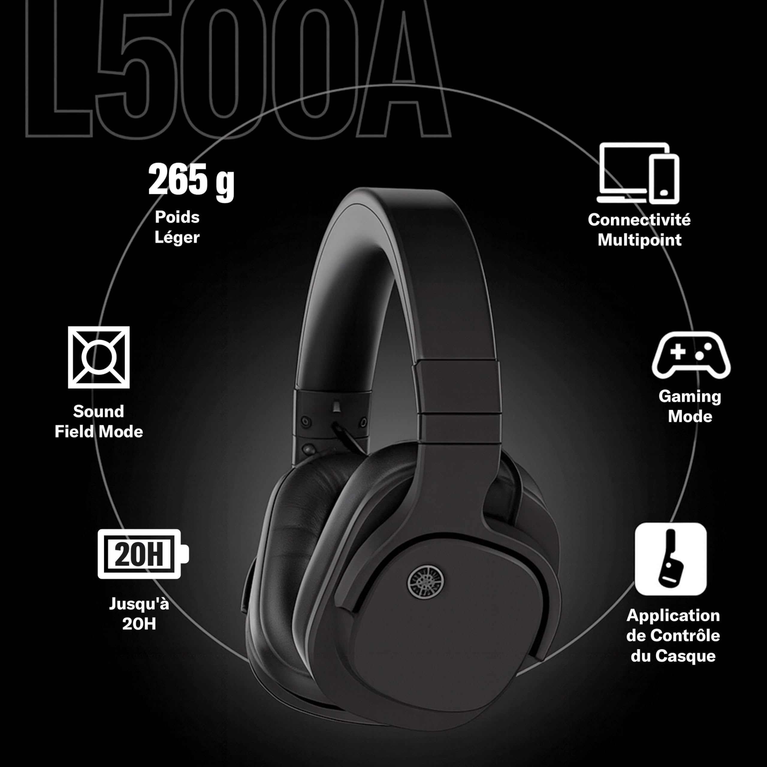 YAMAHA YH-L500A – Casque sans Fil Circum-aural léger pour Home cinéma et Musique, avec Modes de Champ sonore 3D pour Le cinéma et la Musique, Bluetooth multipoint, Mode Gaming – Noir
