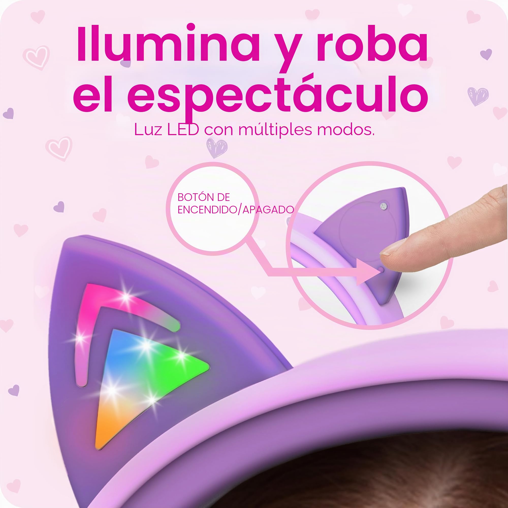 FosPower Auriculares para Niños con Orejas de Gato LED, Límite de Volumen Seguro 85dB, Casco con Cable de 3,5mm Auriculares Infantiles para iPad, Tablet, Escuela, Viaje, Rosa Bebé/Lavanda