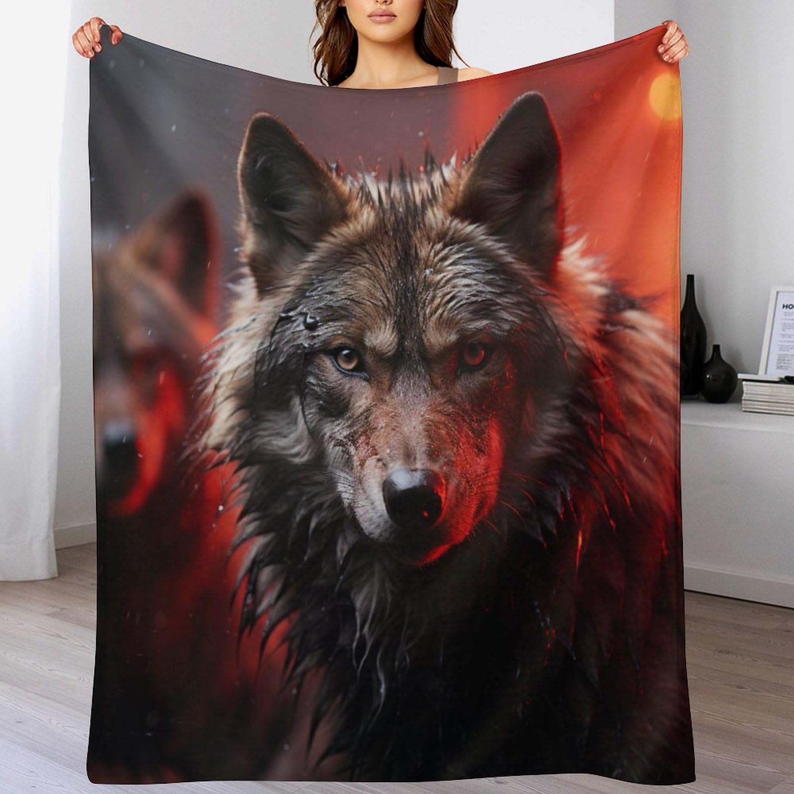 Couverture plaid loup en flanelle grise 130x180cm pour canapé