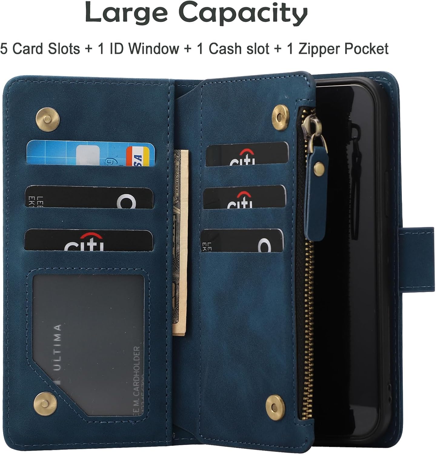RANYOK Wallet Case for iPhone 15 (6.1 inch) with RFID Blocking Credit Card Holder, Premium PU Leather [Zipper Pocket] Flip Folio Case Wallet with Wrist Strap Kickstand Protective Case (Blue) - Image 2