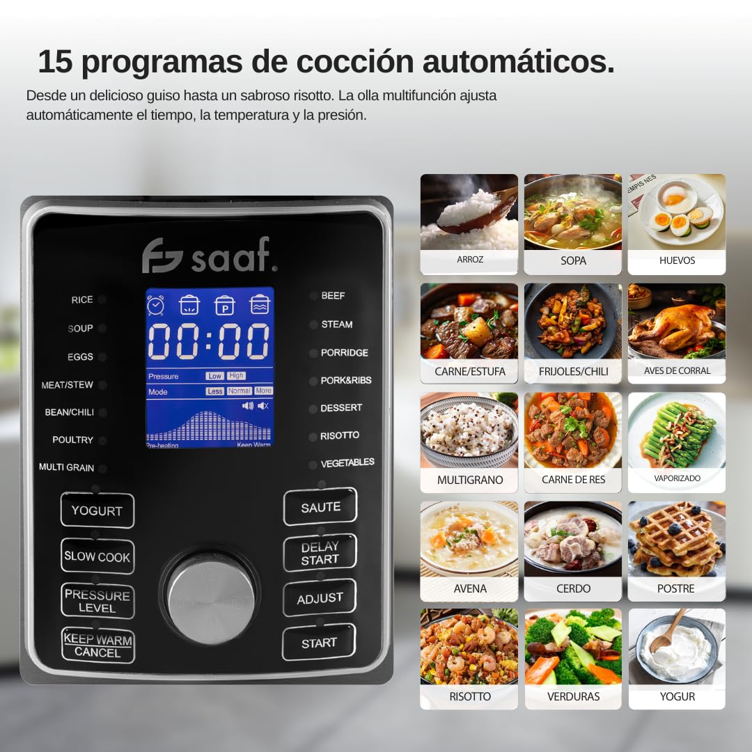 Saaf Multicooker con Airfryer – Set de 15 Piezas – 24 Programas – Slowcooker, Arrocera, Vaporizador & Olla a Presión – 6L – Incluye Cesta, Olla & Libro de Recetas – Pantalla Digital