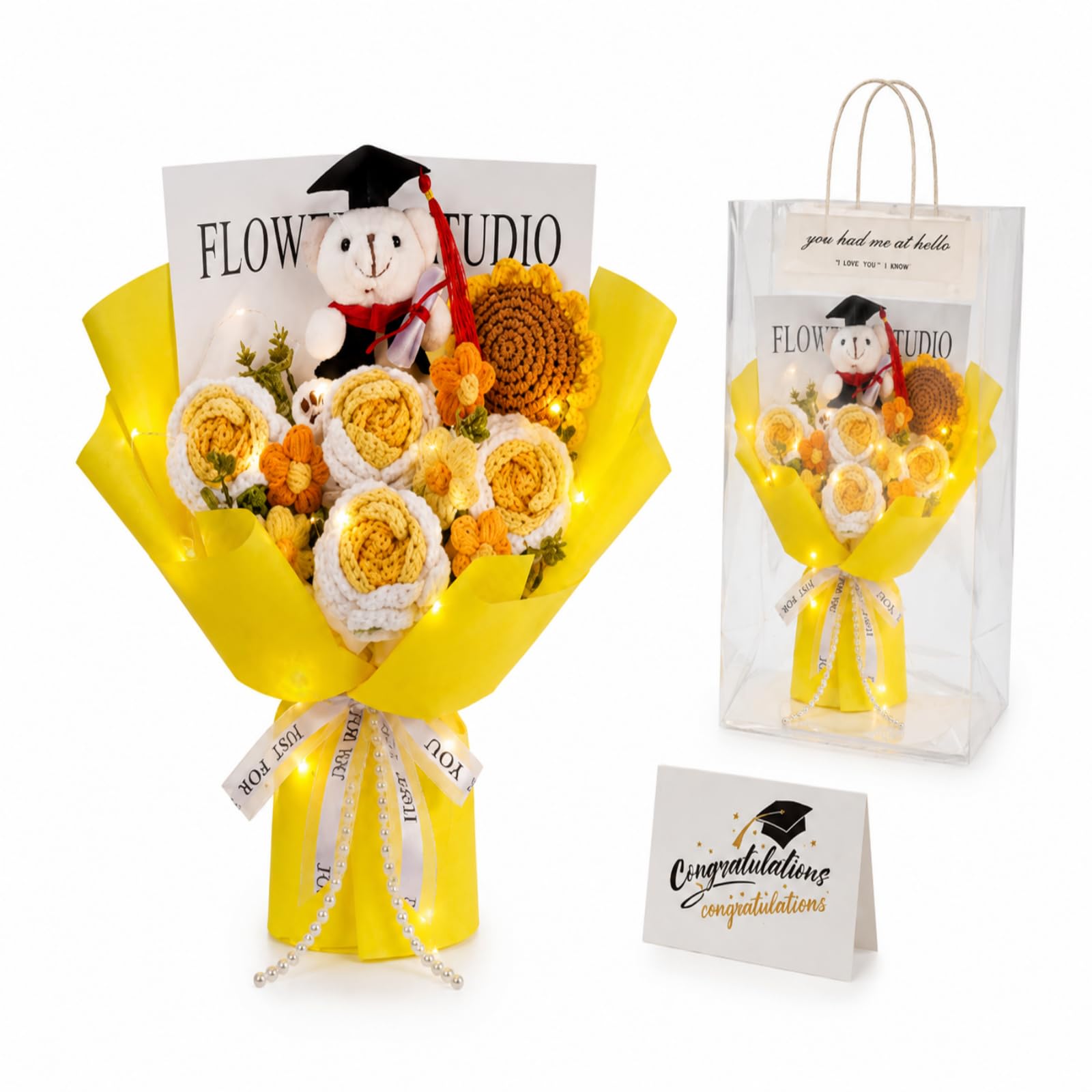 CECOMBINE Crochet Graduation Flower Bouquet - Sunflowers, Daisies & Roses with Grad Bear & LED Lights - Knitted Artificial Flowers Gift Set for Graduation, Teachers, Birthdays & Home Decor (Yellow)
