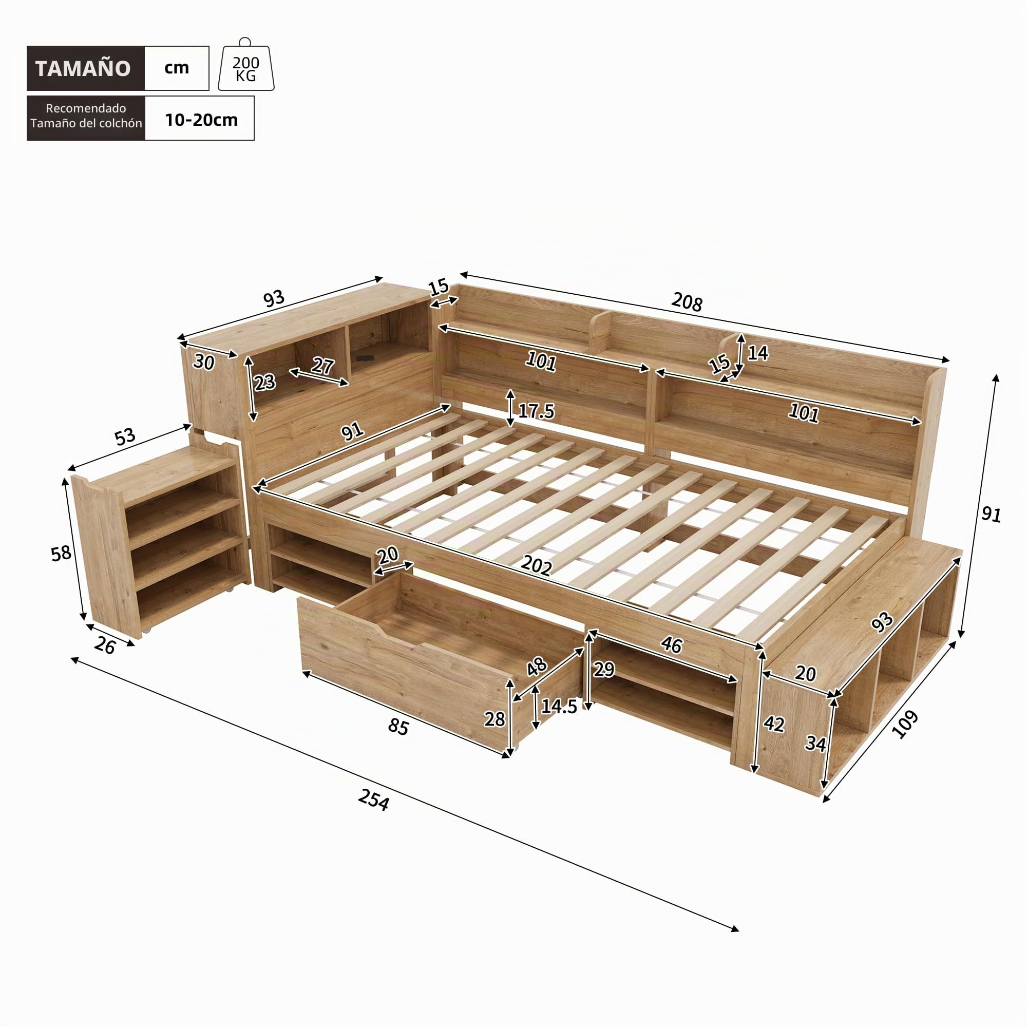 Mrwoo Cama Infantil 90x200cm con Espacio de Almacenamiento, Litera con Estantes y Armarios, Natural (Colchón no Incluido)