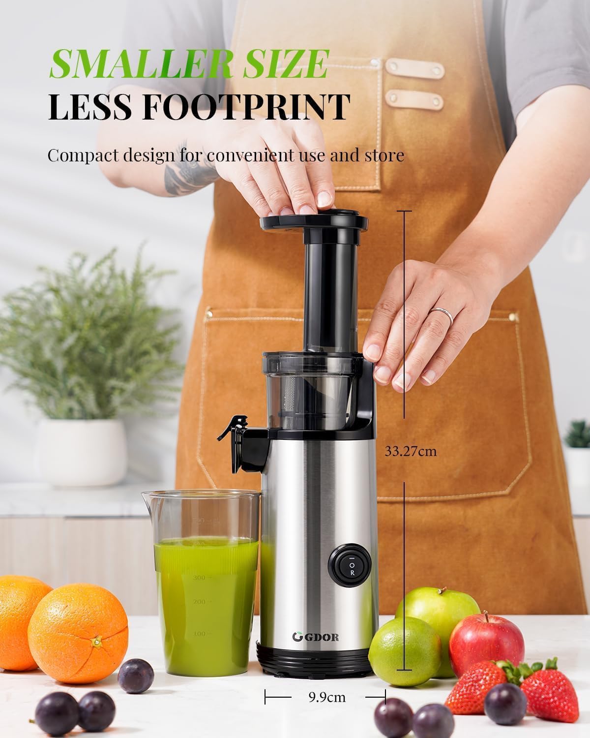 GDOR Exprimidor pequeño y lento de alto rendimiento de jugo, potente exprimidor de verduras y frutas, fácil de limpiar, exprimidor frío de bajo ruido, cepillo de 600 ml, sin BPA