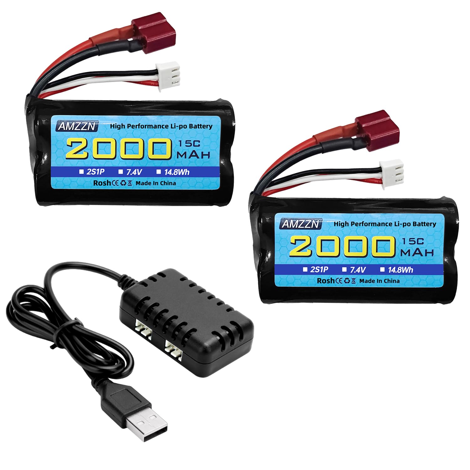 AMZZN 2PCS 7.4V 2000mAh 15C 2S Lipo Battery with T-Plug and 2-in-1 Charger for WLtoys 12423 MJX 14301 14303 14302 H16PL HP162S HM124 RC Cars 1/10,1/