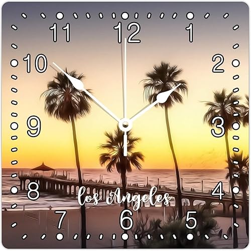 12x12in Decorative Wall Square Wood Clock Arabic Numerals Clock Silent Non-Ticking Battery Operated Clock United States Cityscape Los Angeles Wall