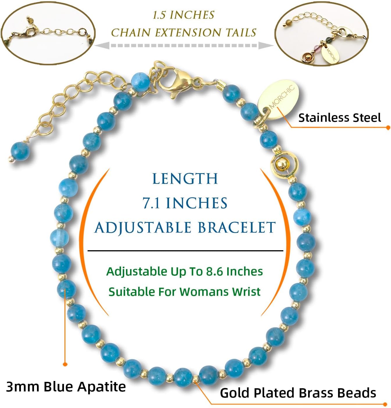 Morchic 3mm Natural Gemstone Beaded Bracelet for Women, Dainty Tiny Charm Jewelry, Adjustable 7.1-8.6" Ideal Birthday Holiday Gift