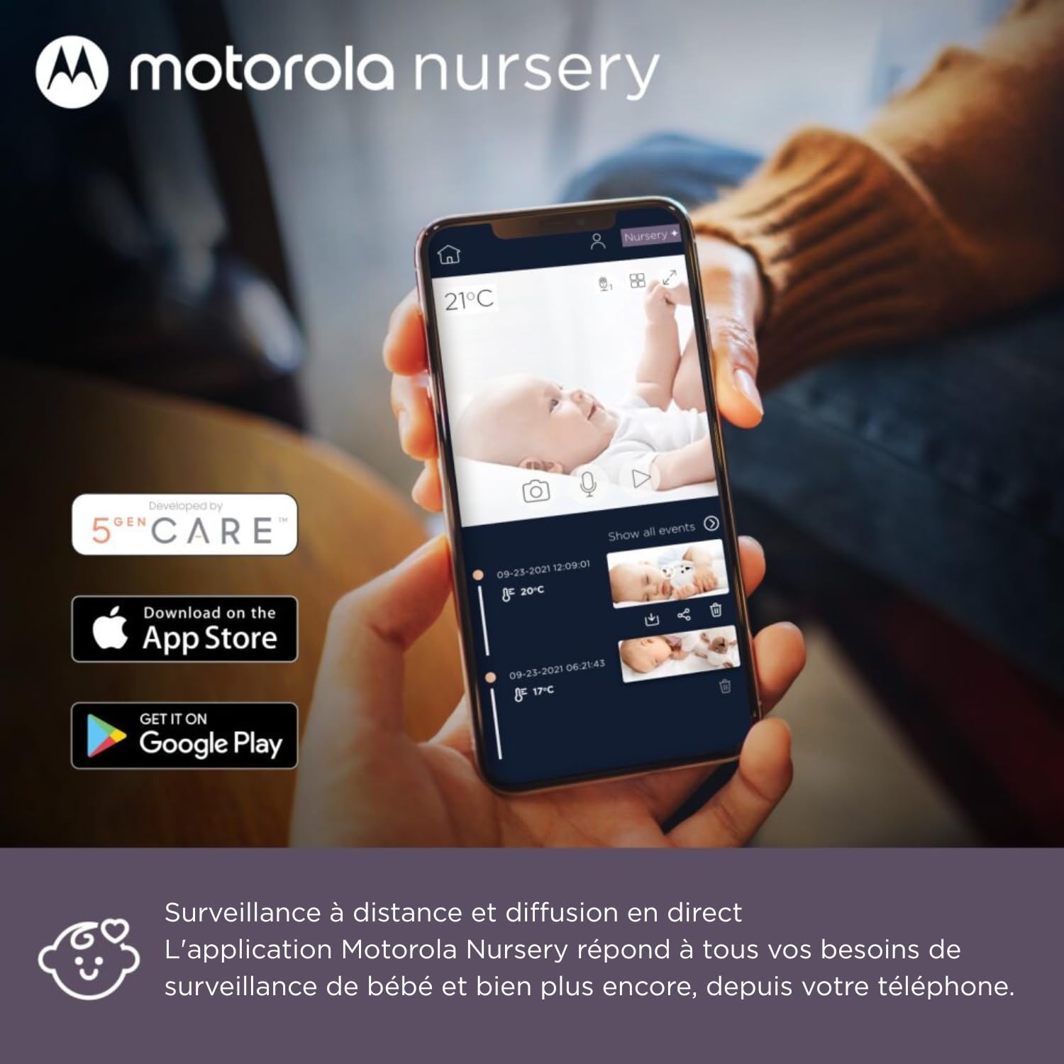 Motorola Nursery Babyphone VM45 CONNECT avec caméra Wi-Fi et écran 5 pouces, vision HD 720p, conversation bidirectionnelle, contrôle de la température, support de berceau Stargrip, longue portée