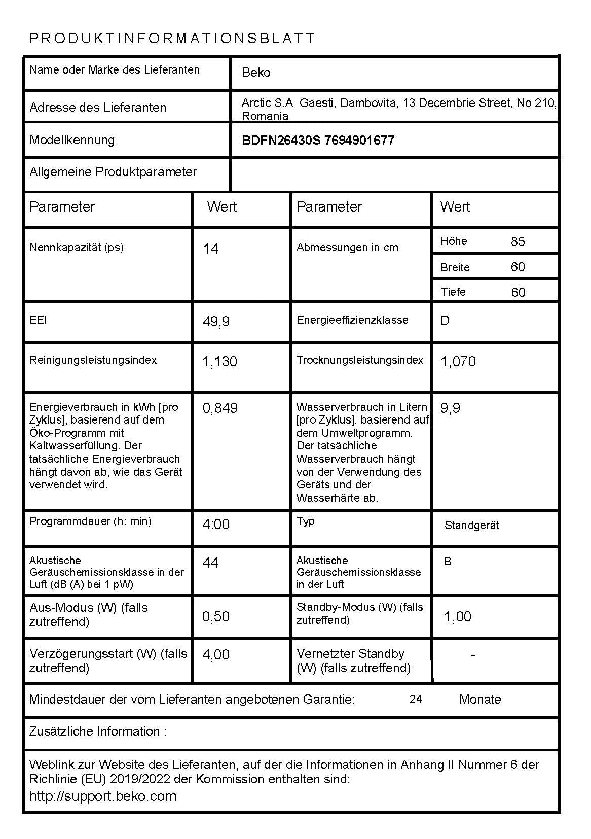 Beko BDFN26430S Geschirrspüler 60 cm freistehend unterbaufähig 14 Maßgedecke 6 Programme HygieneIntense SelfDry