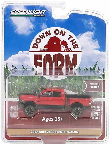 2017 2500 Power Wagon Pickup Truck rojo con salpicaduras de barro abajo en The Farm Series 8 164 Modelo fundido a presión por Greenlight 48080E