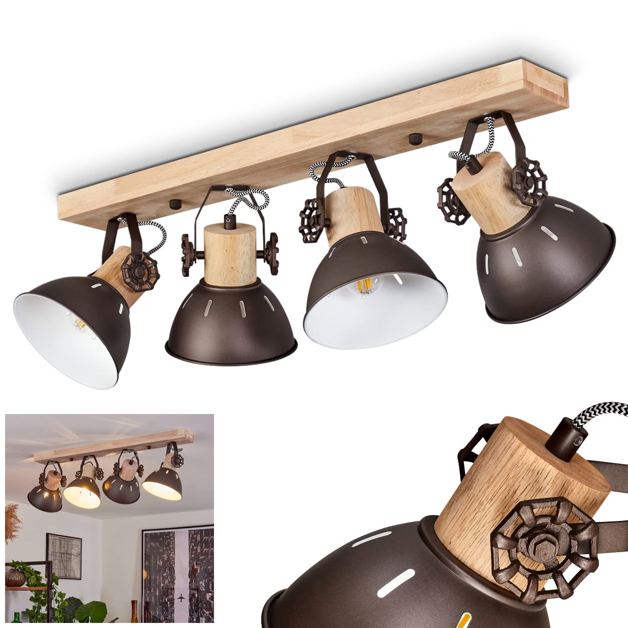 Orny ceiling light, ceiling lamp in vintage design made of metal/wood in brown/white/nature, retro light with wooden beams, textile cables and adjustable spotlights, 4-flame, E27 socket, without bulbs