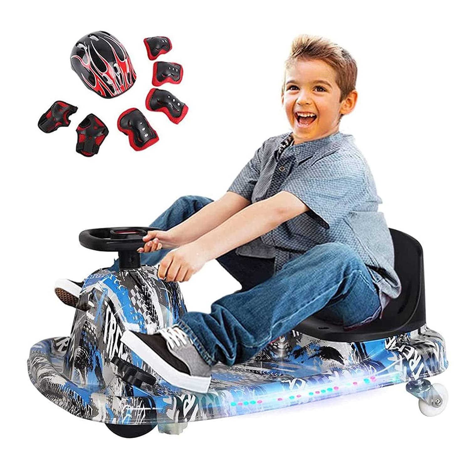 COOLBABYDrift Crazy Cart Electric Scooter with LED Light for Kids Ride On Toy with Helmet Protective Gear