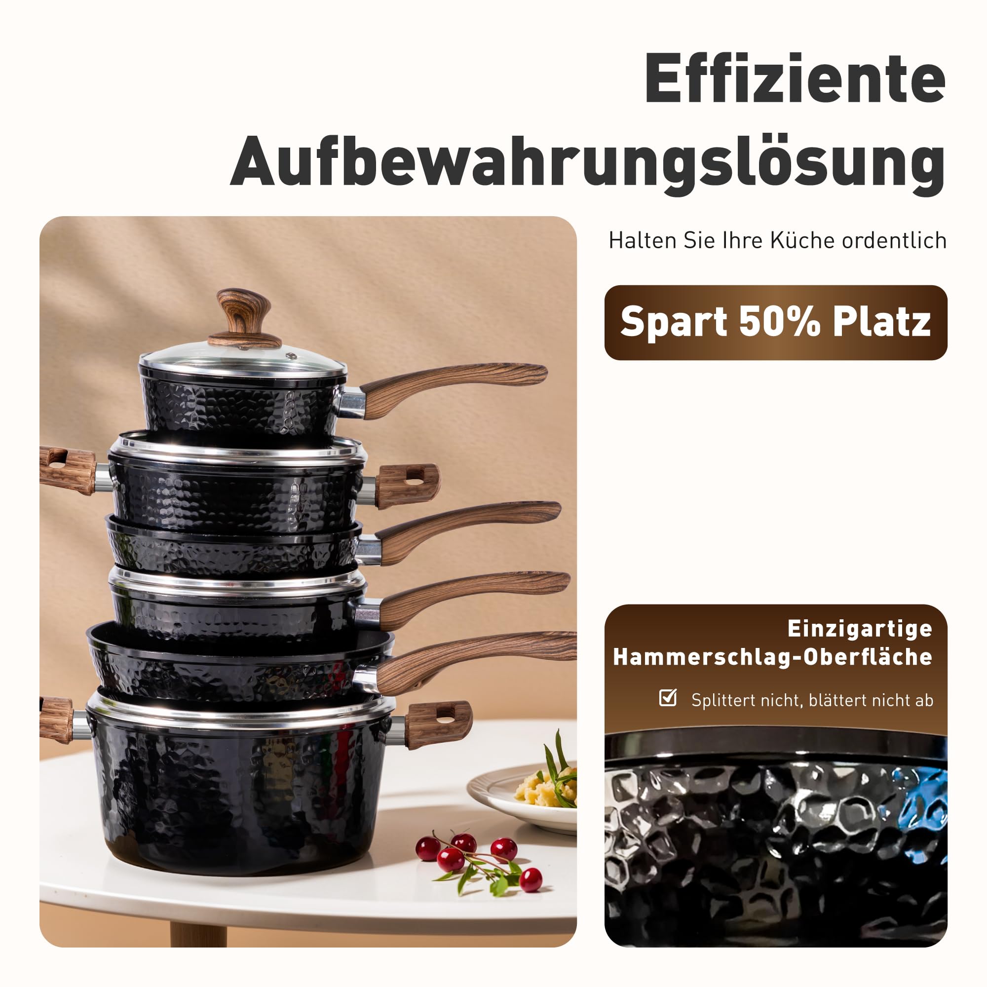 Kitchen Academy Topfset Antihaft Beschichteter, Topf Induktion 15tlg | Töpfe Set Pfannenset Pfannen mit Glasdeckeln Granit Kochtopf Bratpfanne mit Deckel Kochtopfset für Alle Herdarten Schwarz