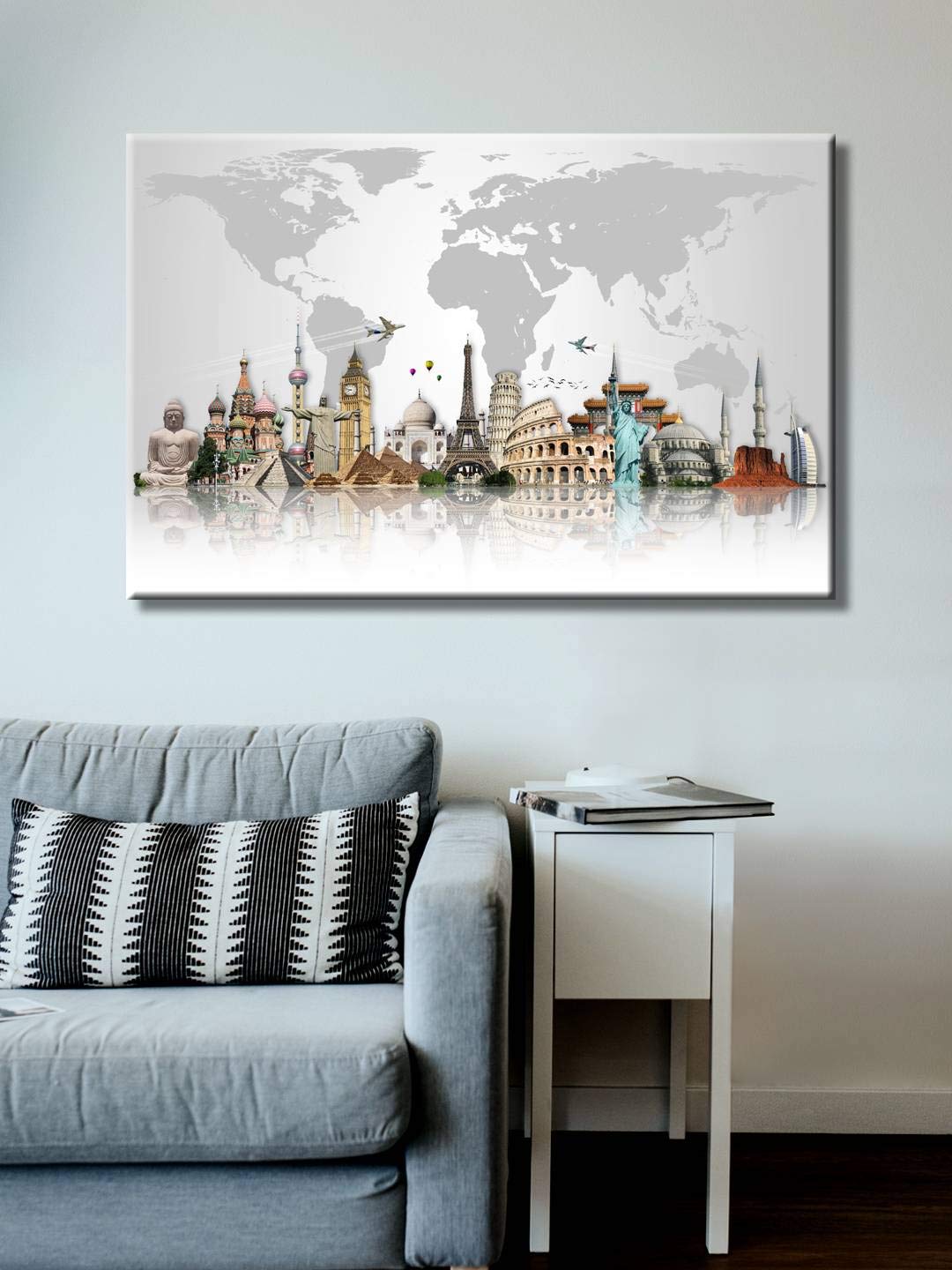 999Store Wooden Stretched big large huge size Wall art with frames paintings for he decor world map wall frame bed room living décor home Travel The World monuments canvas painting modern stylish hanging ( Canvas 48X60 Inches Strectched Canvas) FLP31072017033