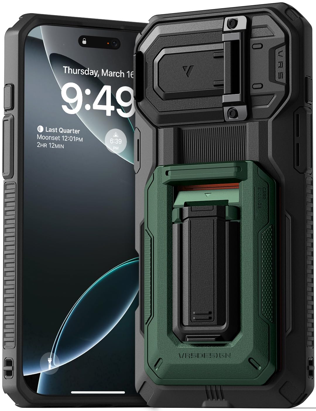 VRS DESIGN Origin Wallet Card Holder Case [3 Cards] for iPhone 16 Pro Max (2024), Rugged Semi-Automatic 3-Card Slot & Kickstand Case (Metallic Green)