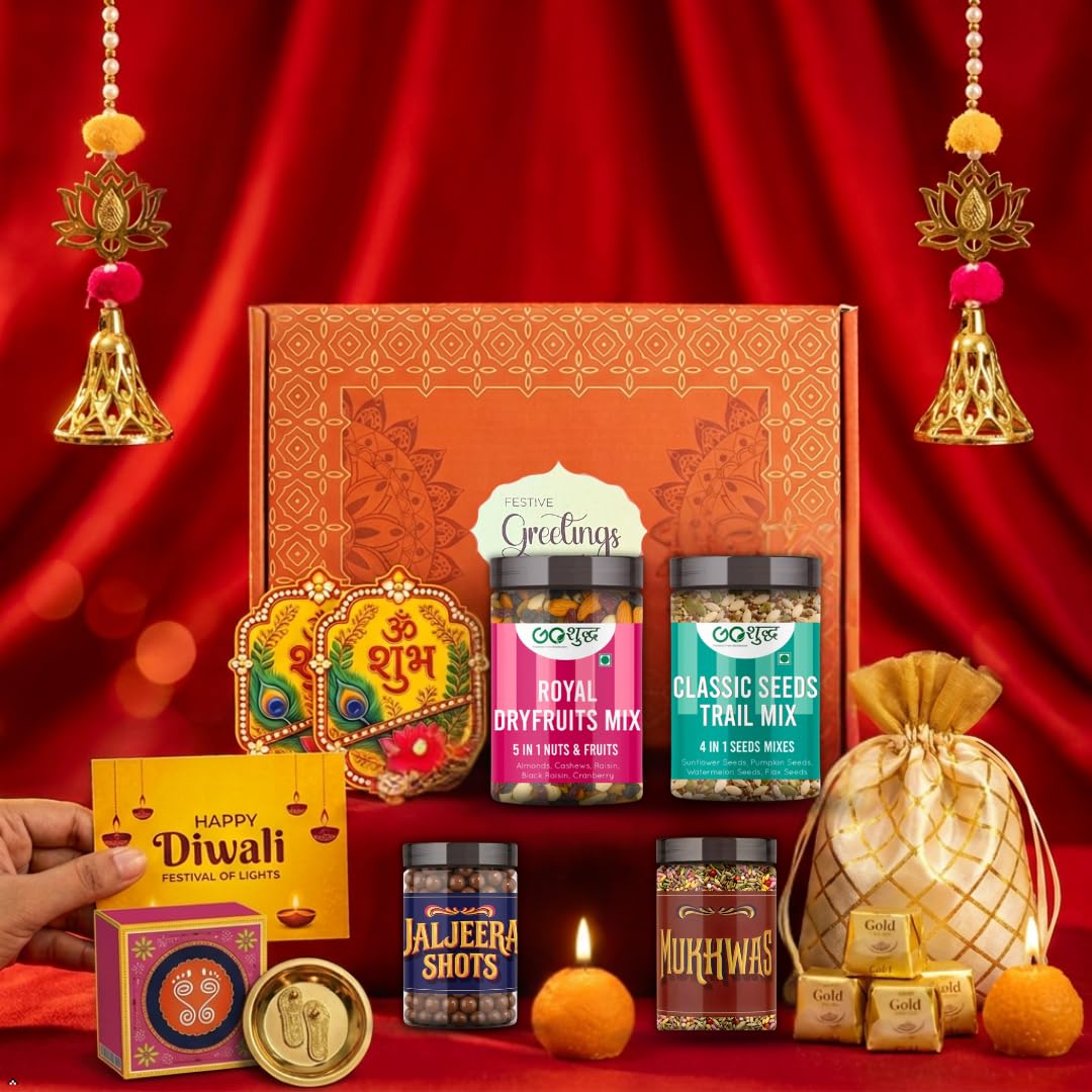 Goshudh 11 Item Premium Diwali Gift Box with Mukhwas 50g, Jaljeera Shots 50g, Dryfruits Mix 70g, Seeds Trail Mix 70g, Truffle Chocolates, Laddu Candles, Toran, Traditional Potli, Wooden Shubh Labh & Diwali Decor
