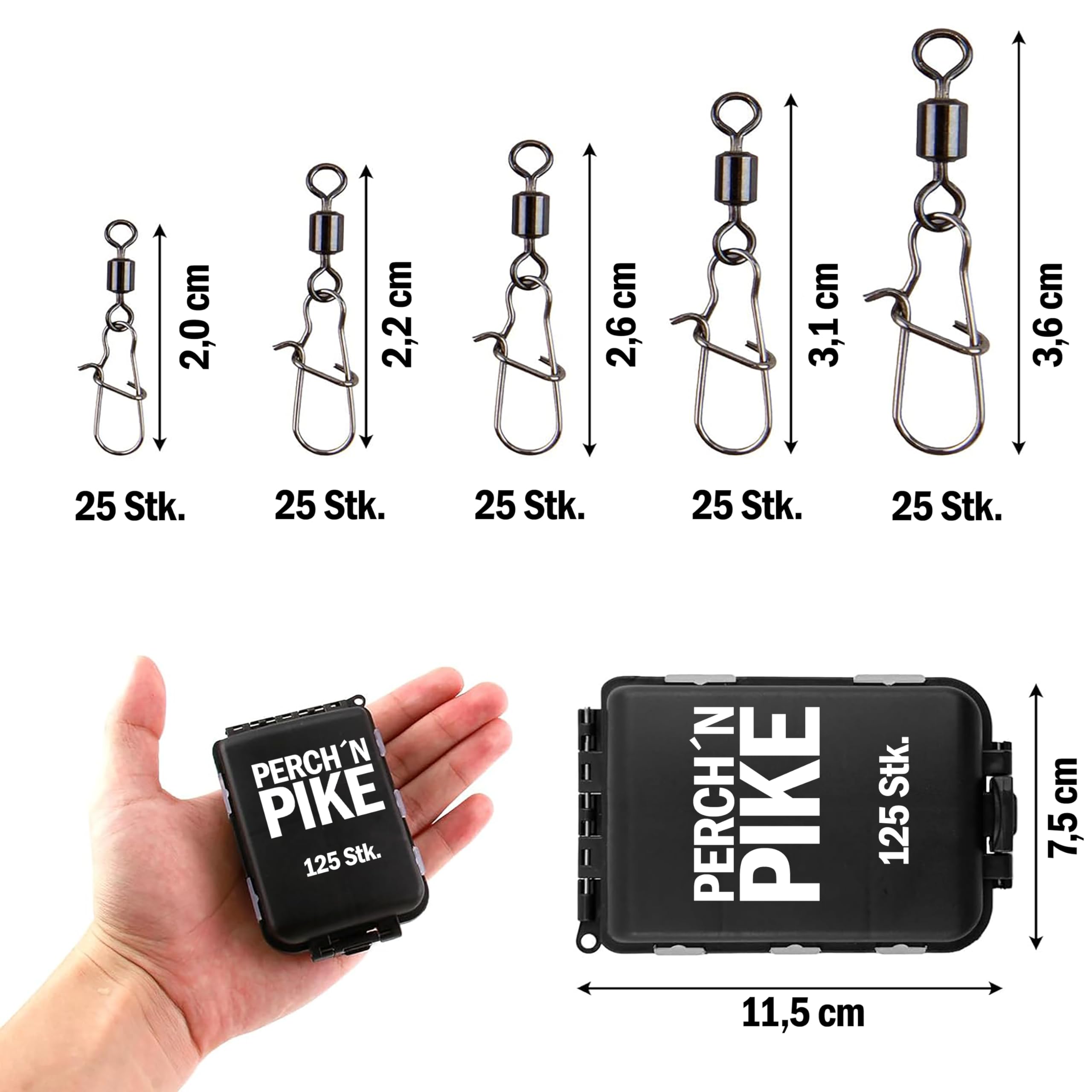Krętlik wędkarski w zestawie z pudełkiem, Duo-Lock Snap, 8-28 kg, zestaw krętlików, 125 krętlików do spinningu, krętlik wędkarski z karabińczykiem do pstrąga, okonia, sandacza i szczupaka