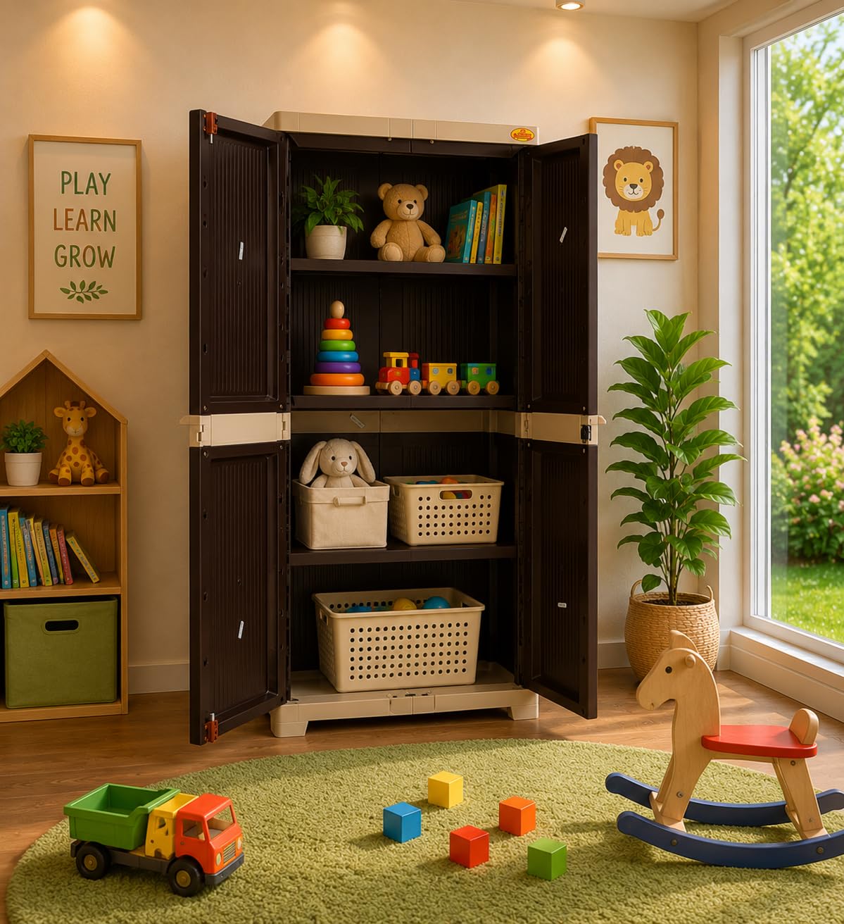 National Next 4.1 Feet Plastic Cabinet with 3 Shelves and Wooden