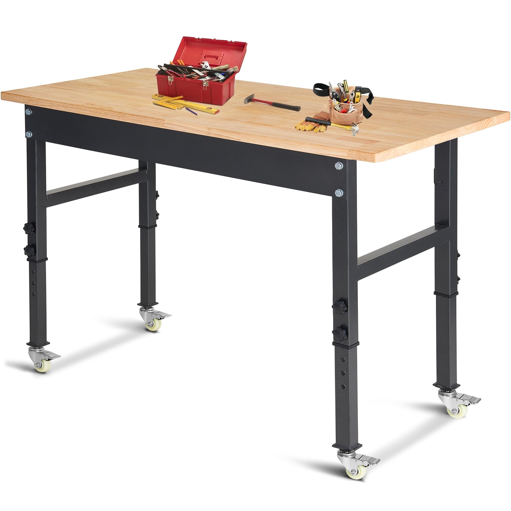 48" Adjustable Work Bench, Rubber Wood Top Workbench Heavy-Duty Work Table with Wheels, 2000 LBS Load Capacity Hardwood Work Benches for Garage,