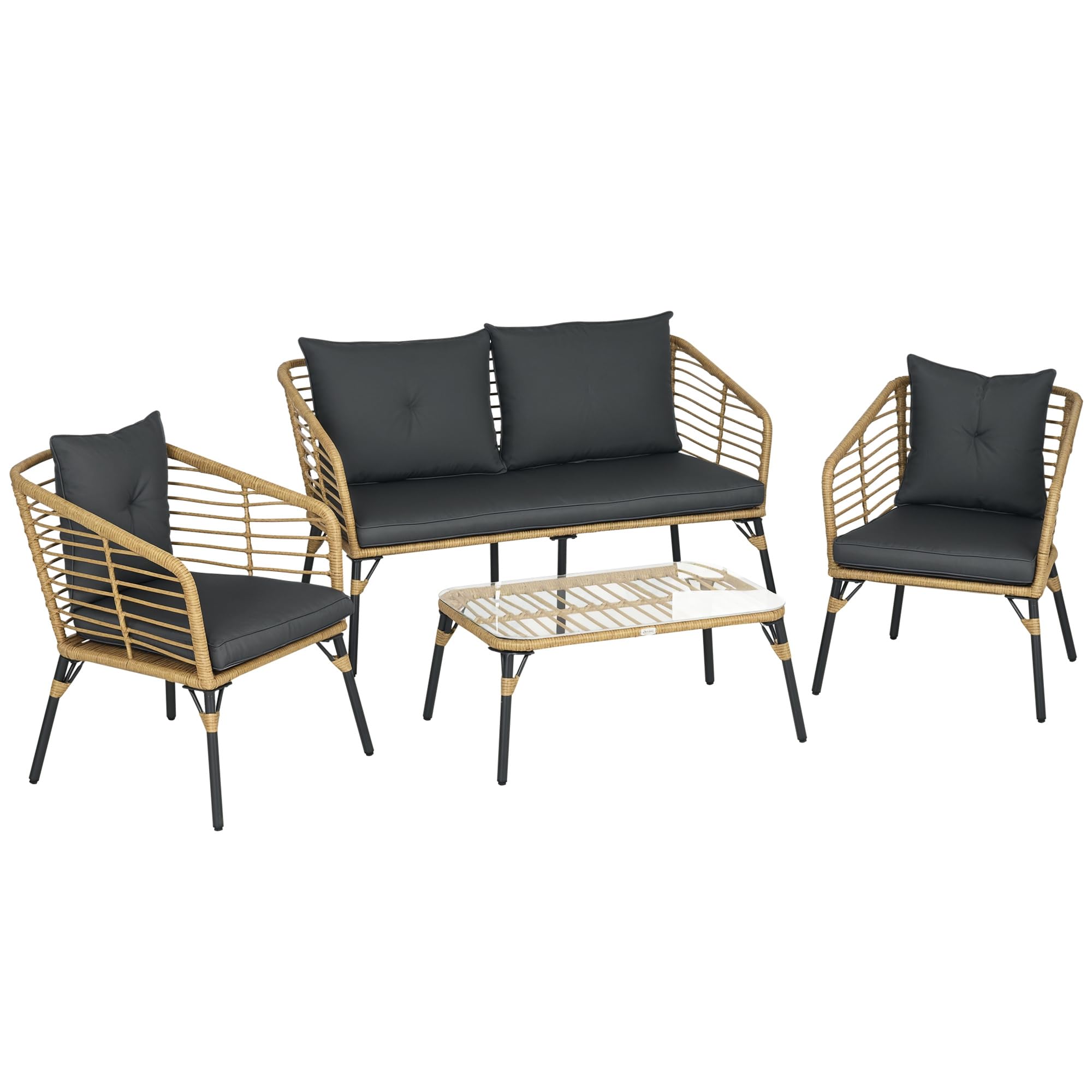 Outsunny Set Mobili da Giardino in Rattan 4 Pezzi Marrone e Grigio Scuro | Salotto da Giardino Esterno, Divanetto 2 Posti, 2 Poltrone con Cuscini, Tavolino con Piano in Vetro, Piedi Regolabili