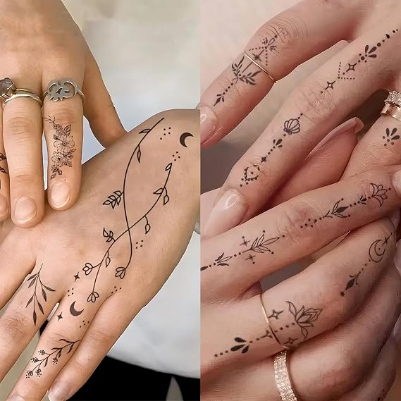 18 Sheets Fashion Y2K Geometric Lotus Arrow Temporary Tattoos For Men Women Adults Finger Hands, Waterproof Realistic Tiny Rose Flower Leaf Fake Tattoos Black Small Butterfly Sun Moon Tatoo Stickers
