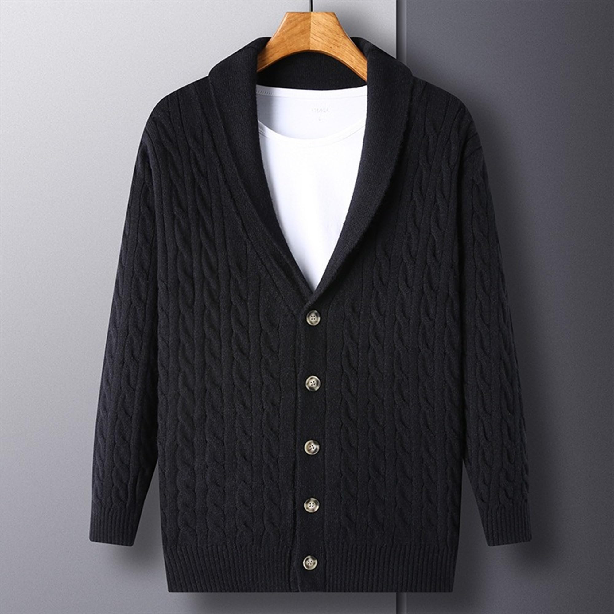 Cárdigan de punto trenzado para hombre, con cuello de chal, con botones, mezcla de lana, ropa de punto casual con botones
