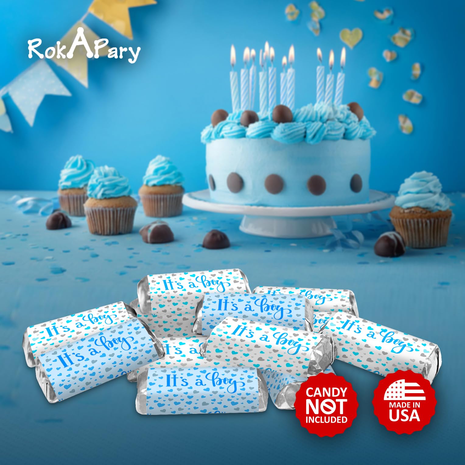 60 It's a Boy Blue Baby Shower Miniatures Candy Bar Wrapper and Stickers Decorations, Made in USA (Candy Not Included)